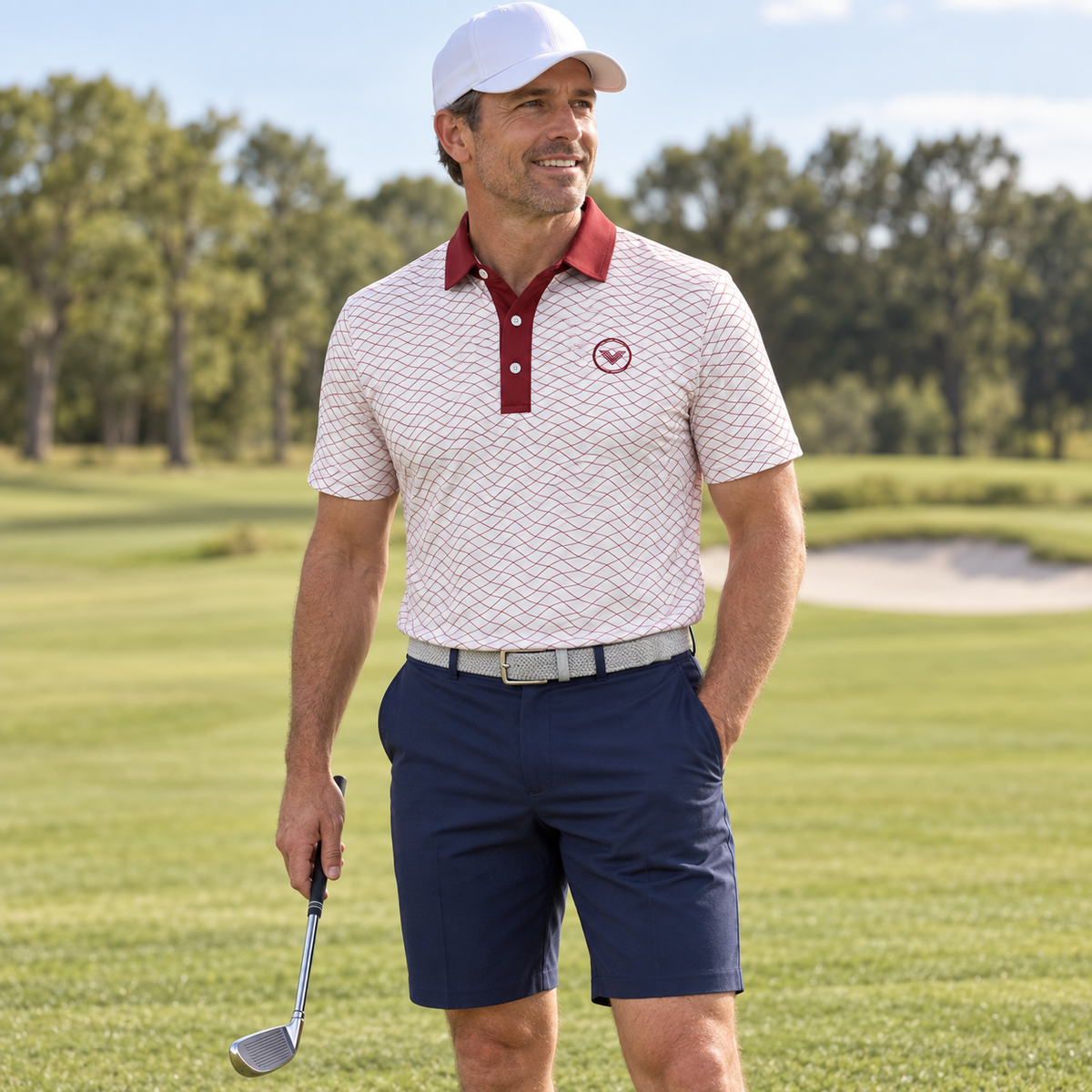VES Golf Off White with Garnet Diamond Pattern Short Sleeve Polo Shirt