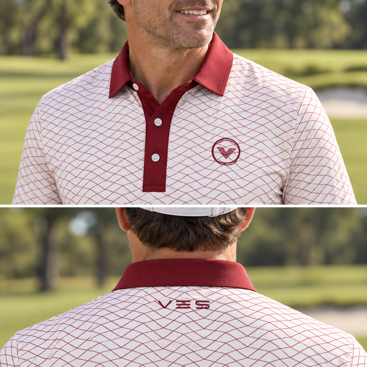 VES Golf Off White with Garnet Diamond Pattern Short Sleeve Polo Shirt