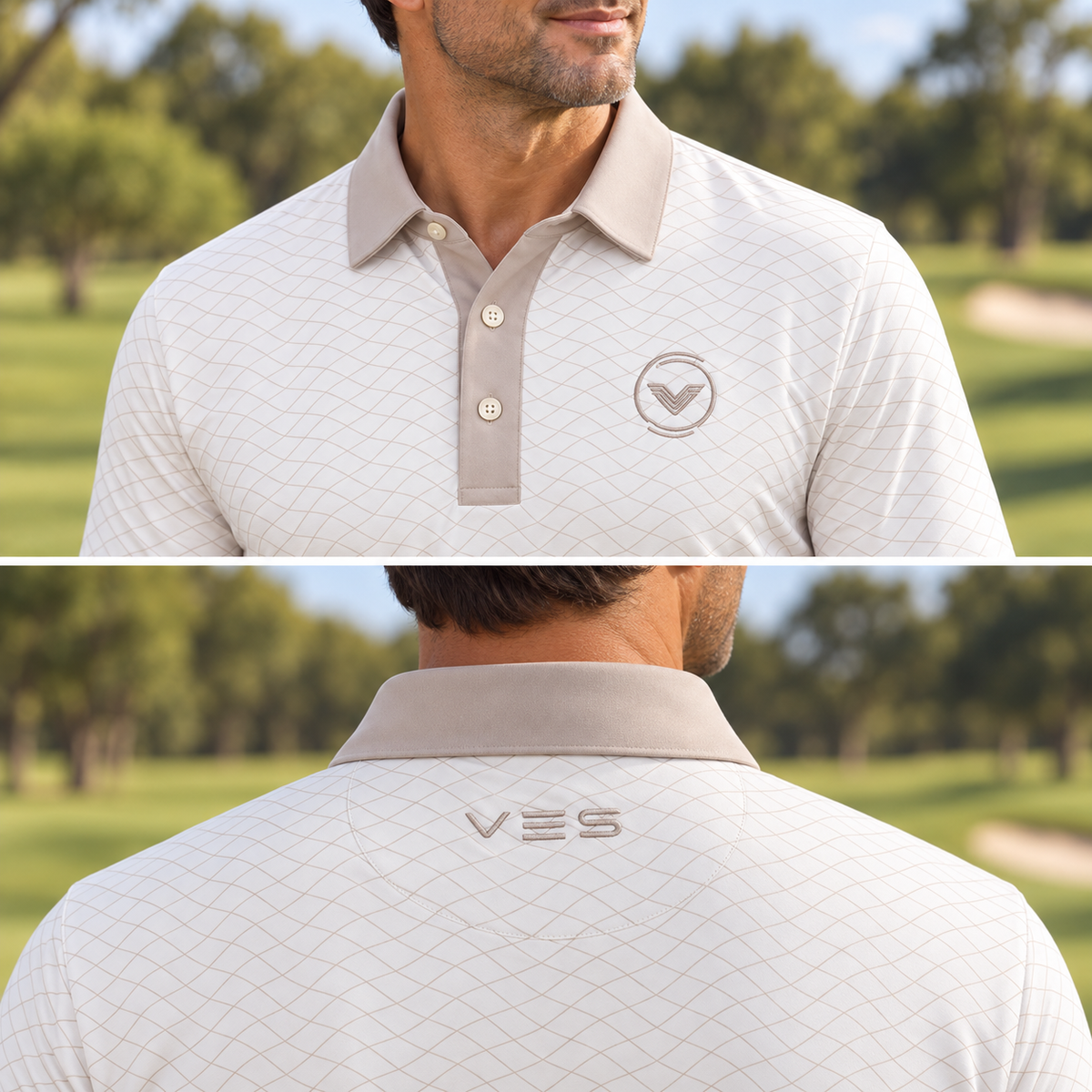 VES Golf Off-White with Taupe Diamond Pattern Short Sleeve Polo Shirt