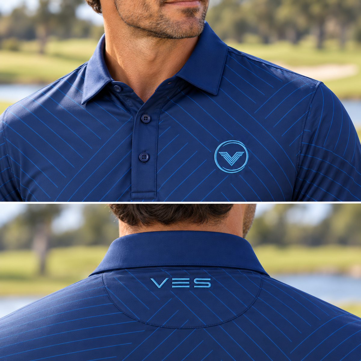 VES Golf Navy with Teal Herringbone Pattern Short Sleeve Polo