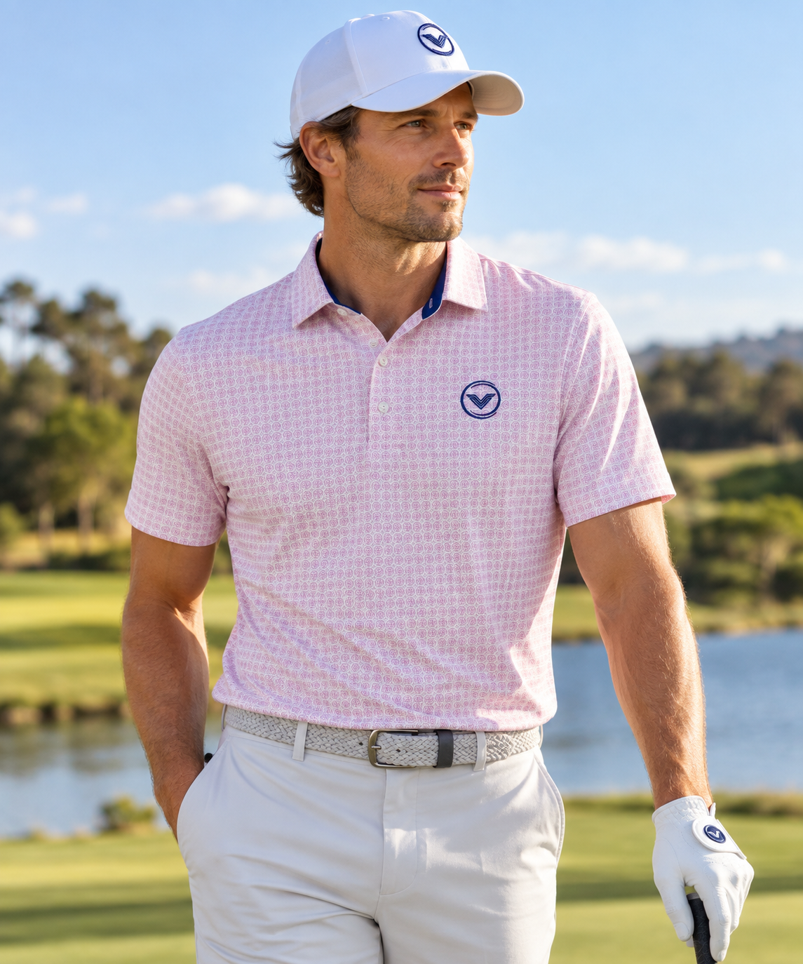 VES Golf White Blush Frost Pattern Short Sleeve Polo Shirt