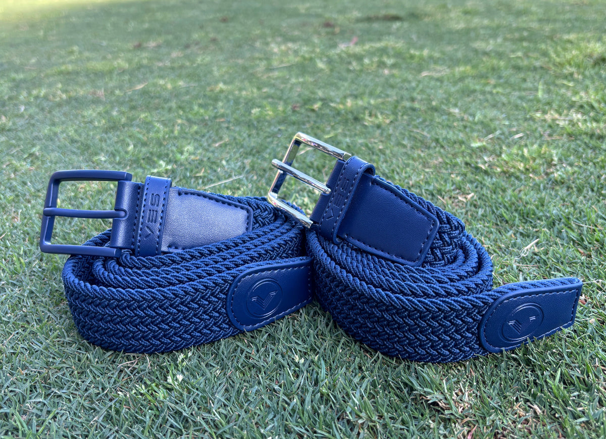 VES Golf Navy Blue Woven Stretch Belt with Brushed Nickel Buckle