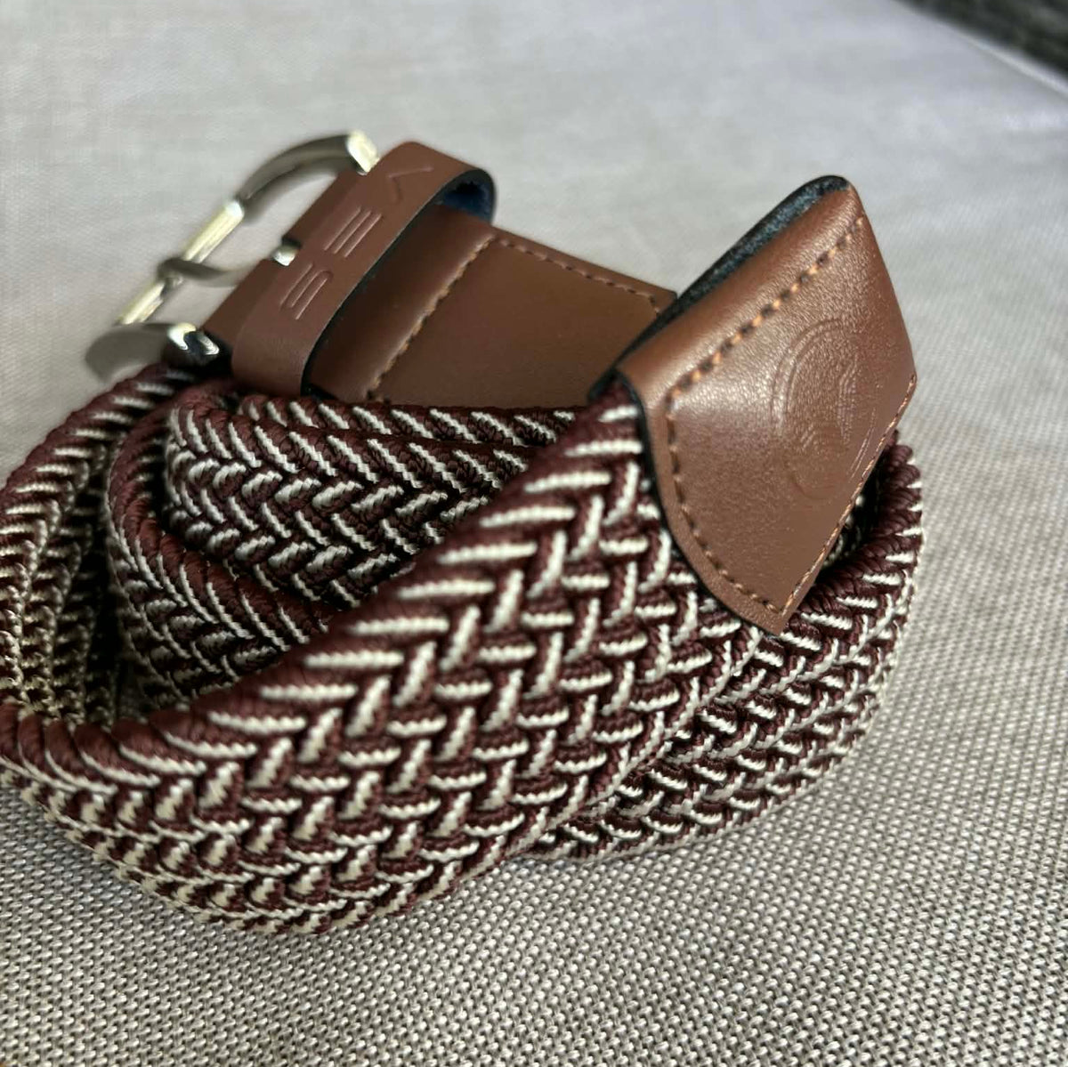 VES Golf Burgundy and White Woven Stretch Belt with Brushed Nickel Buckle