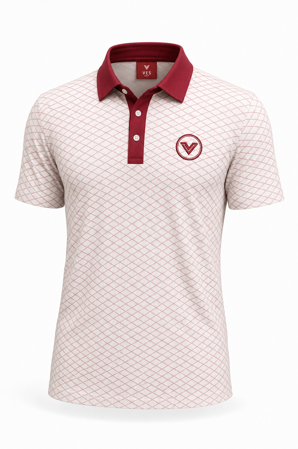 VES Golf Off White with Gernet Diamond Pattern Short Sleeve Polo Shirt