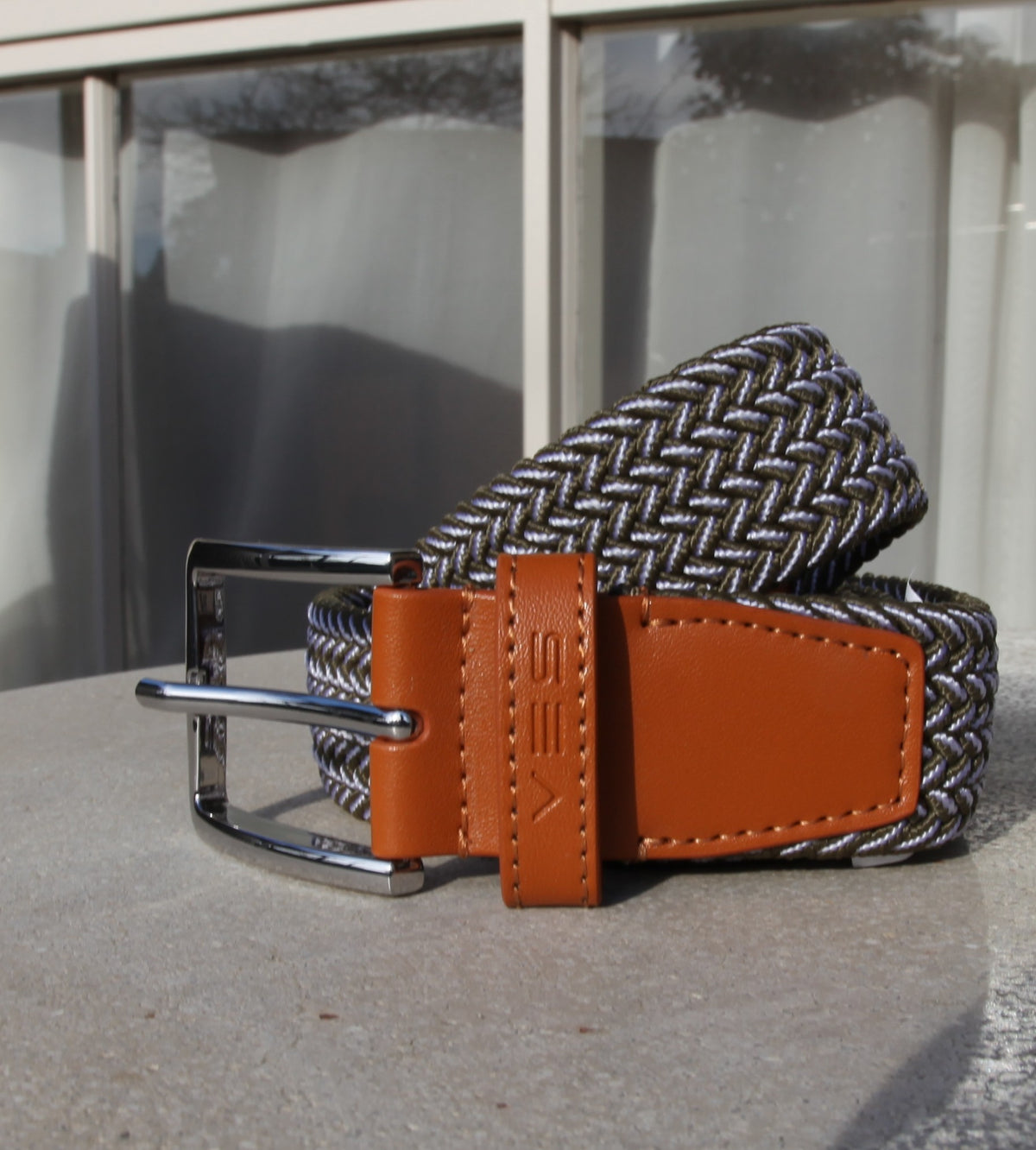VES Golf Olive Green and White Woven Stretch Belt with Brushed Nickel Buckle