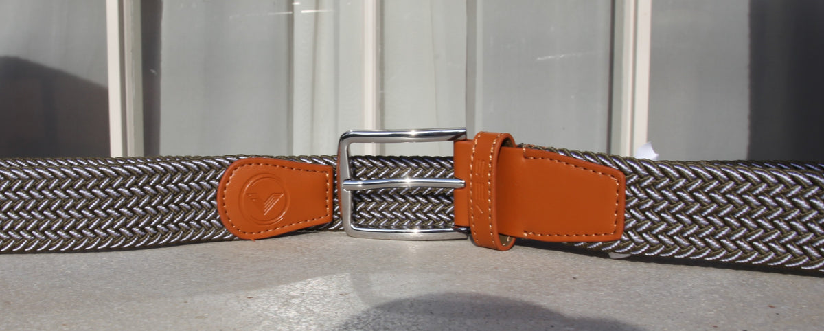 VES Golf Olive Green and White Woven Stretch Belt with Brushed Nickel Buckle