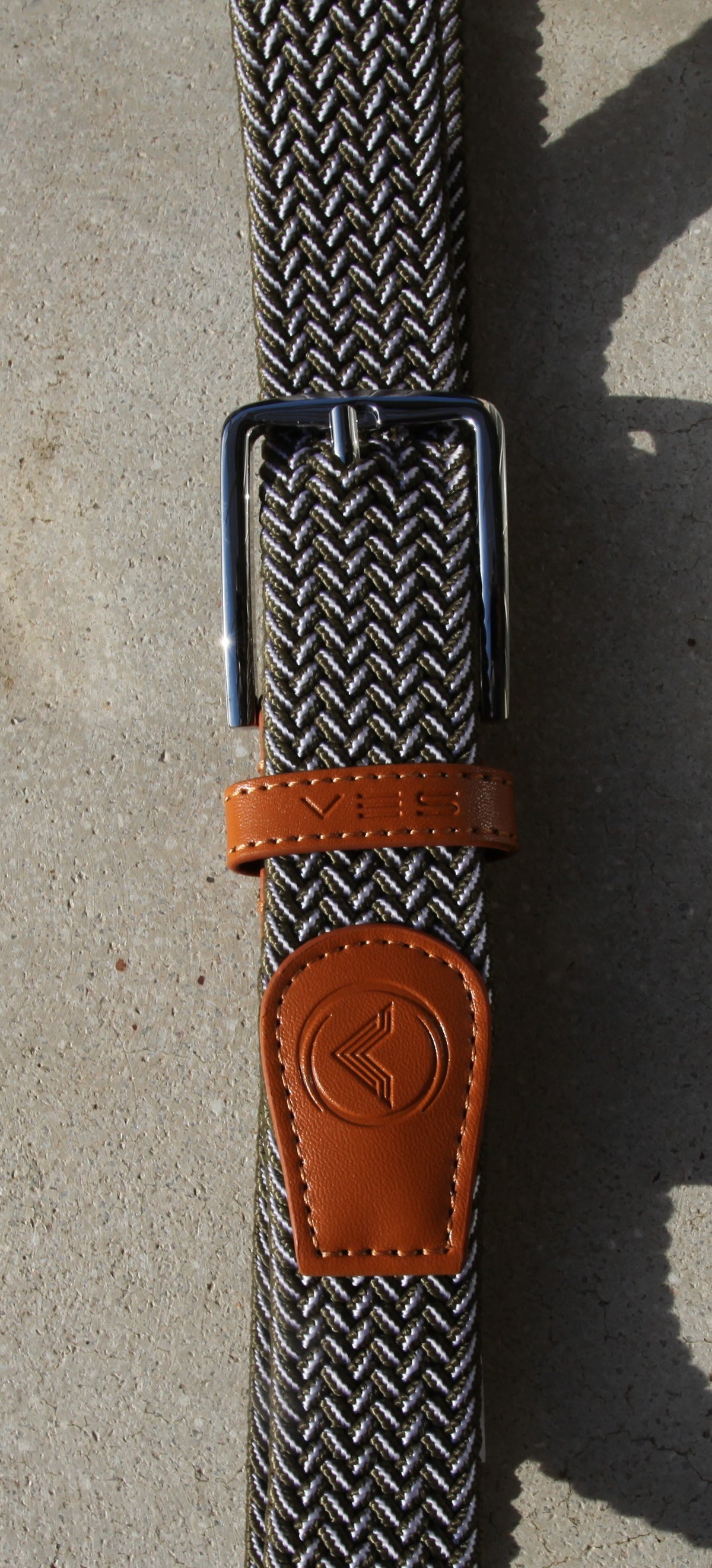 VES Golf Olive Green and White Woven Stretch Belt with Brushed Nickel Buckle