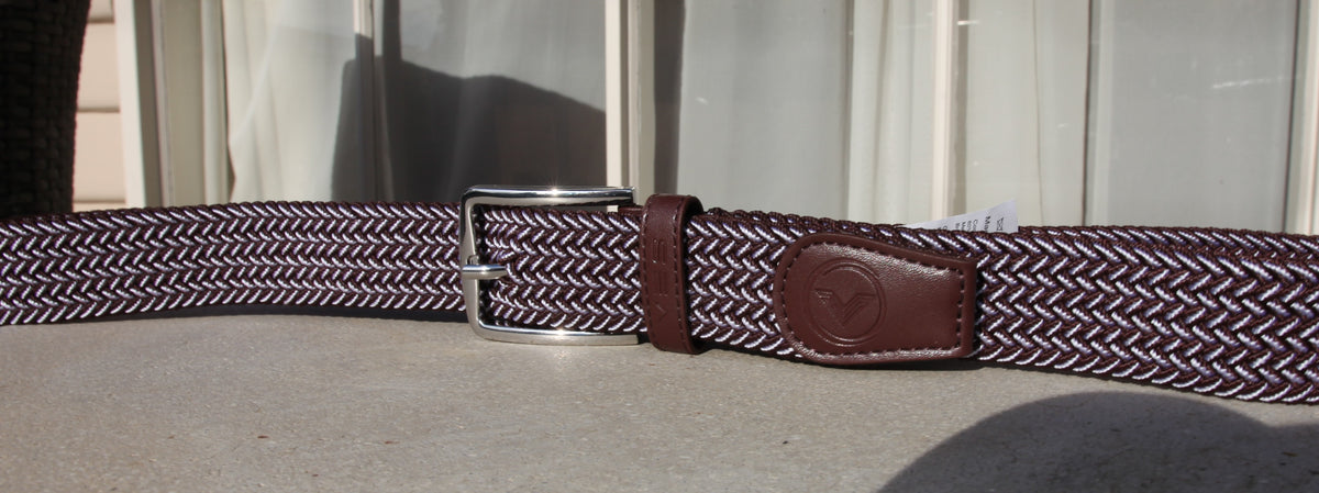 VES Golf Burgundy and White Woven Stretch Belt with Brushed Nickel Buckle