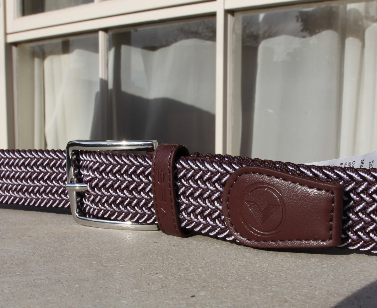 VES Golf Burgundy and White Woven Stretch Belt with Brushed Nickel Buckle
