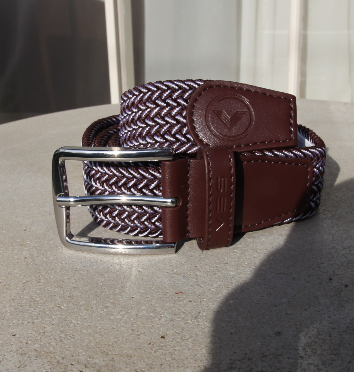 VES Golf Burgundy and White Woven Stretch Belt with Brushed Nickel Buckle