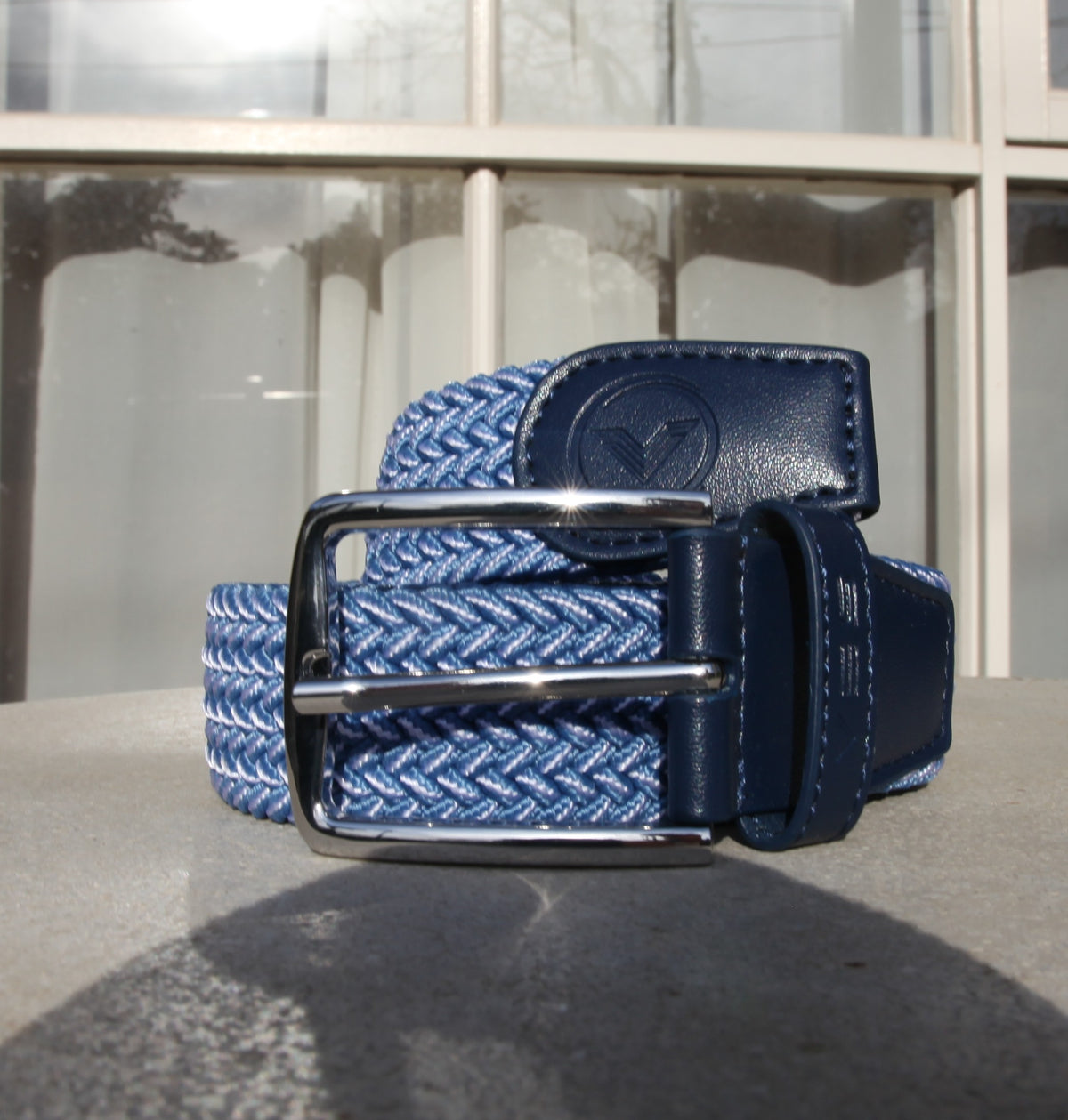 VES Golf Moonlight Blue and White Woven Stretch Belt with Brushed Nickel Buckle