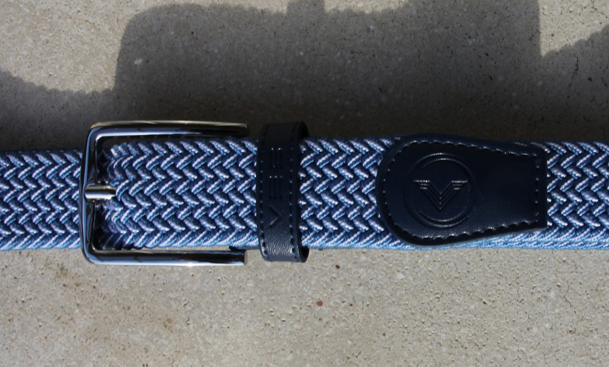 VES Golf Moonlight Blue and White Woven Stretch Belt with Brushed Nickel Buckle