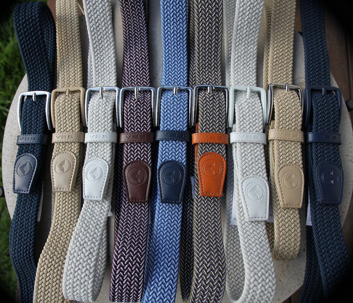 VES Golf Moonlight Blue and White Woven Stretch Belt with Brushed Nickel Buckle