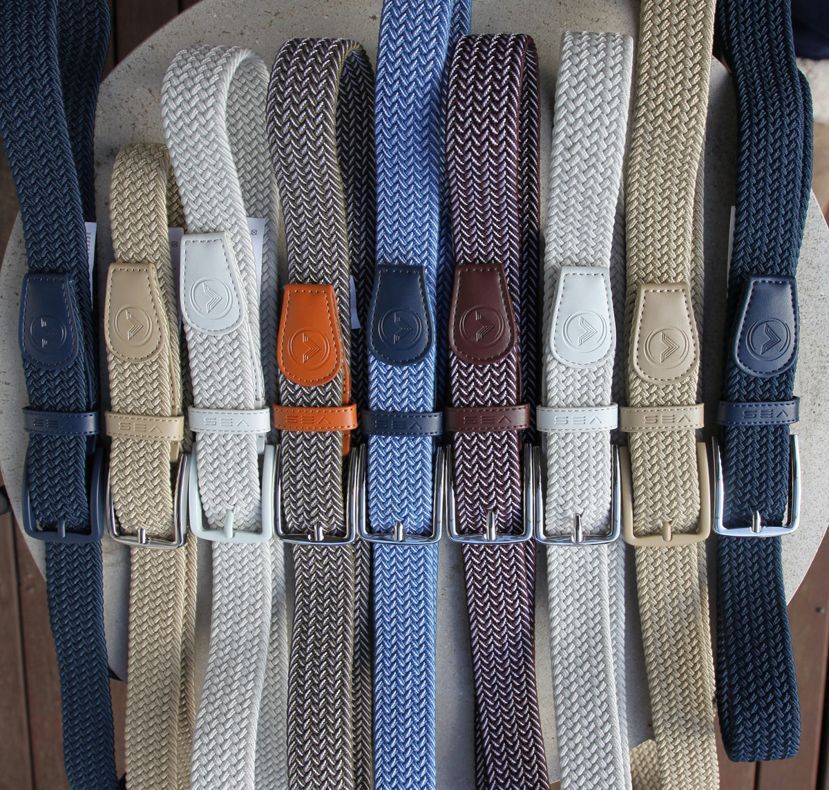 VES Golf Moonlight Blue and White Woven Stretch Belt with Brushed Nickel Buckle