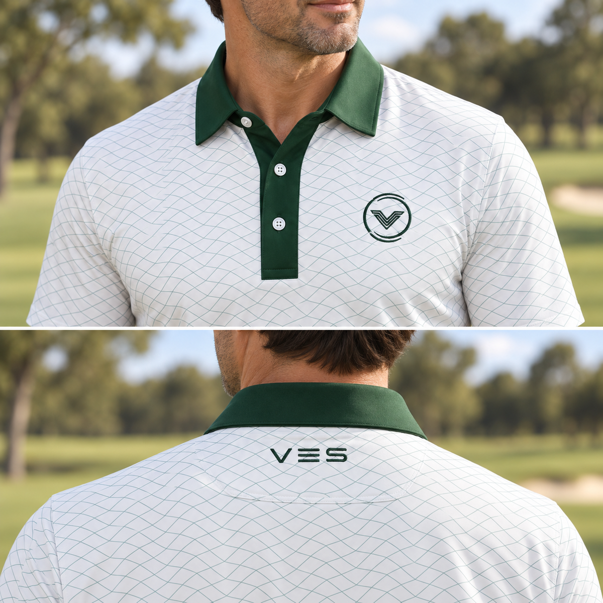 VES Golf White with Green Diamond Pattern Short Sleeve Polo Shirt