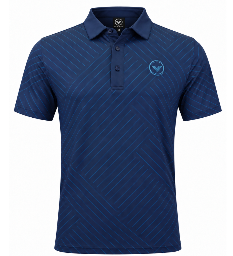 VES Golf Navy with Teal Herringbone Pattern Short Sleeve Polo