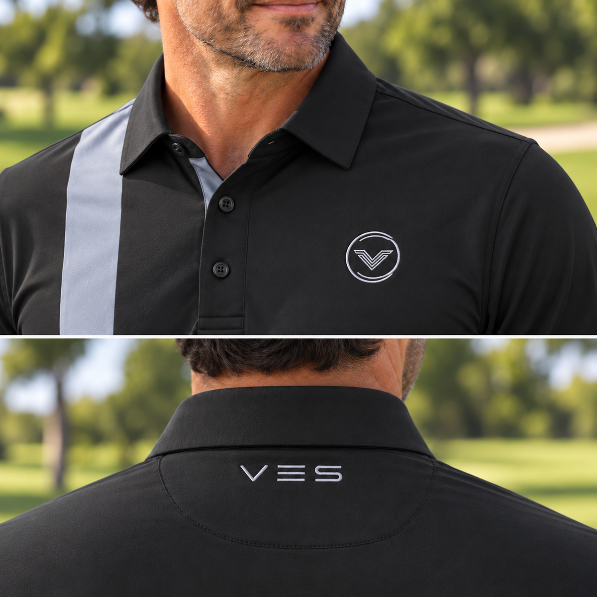VES Golf Black with Cool Grey Vertical Stripe Short Sleeve Polo Shirt