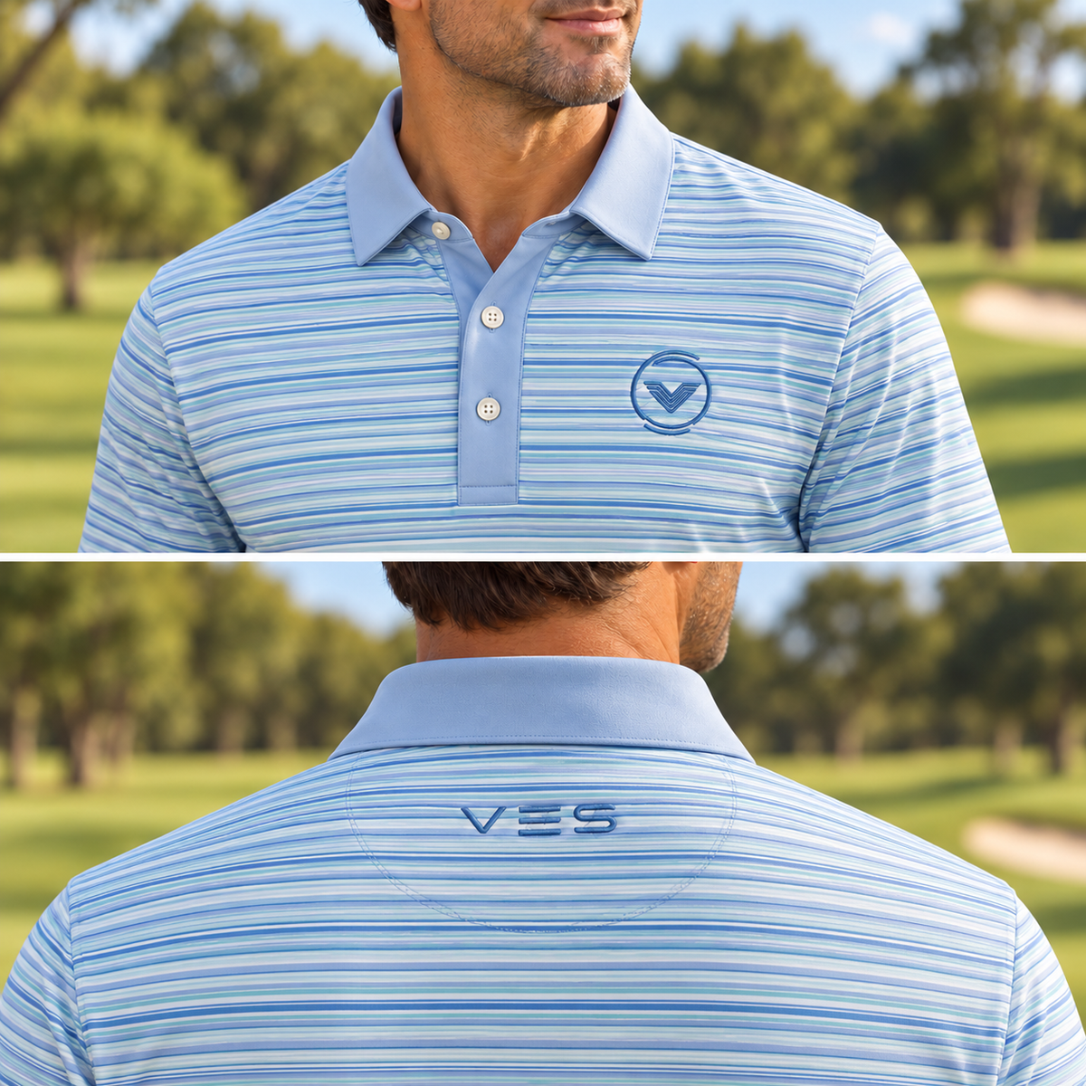 VES Golf Light Blue with Sky Gradient Stripes Short Sleeve Polo Shirt