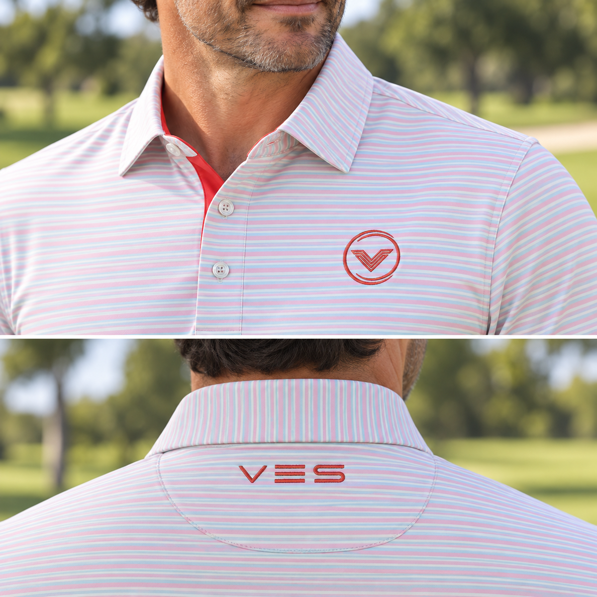 VES Golf Crisp White Subtle Striped Short Sleeve Polo Shirt