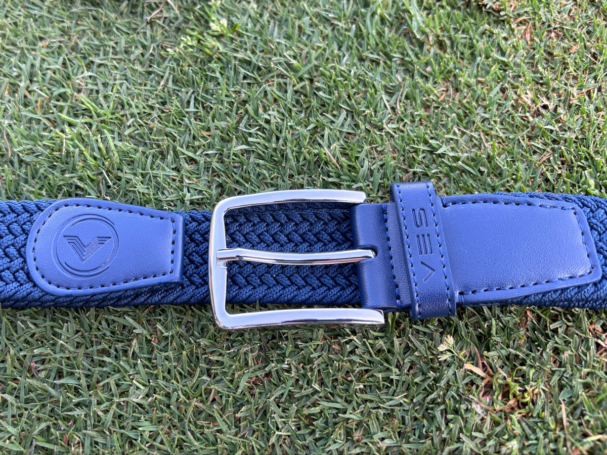 VES Golf Navy Blue Woven Stretch Belt with Brushed Nickel Buckle