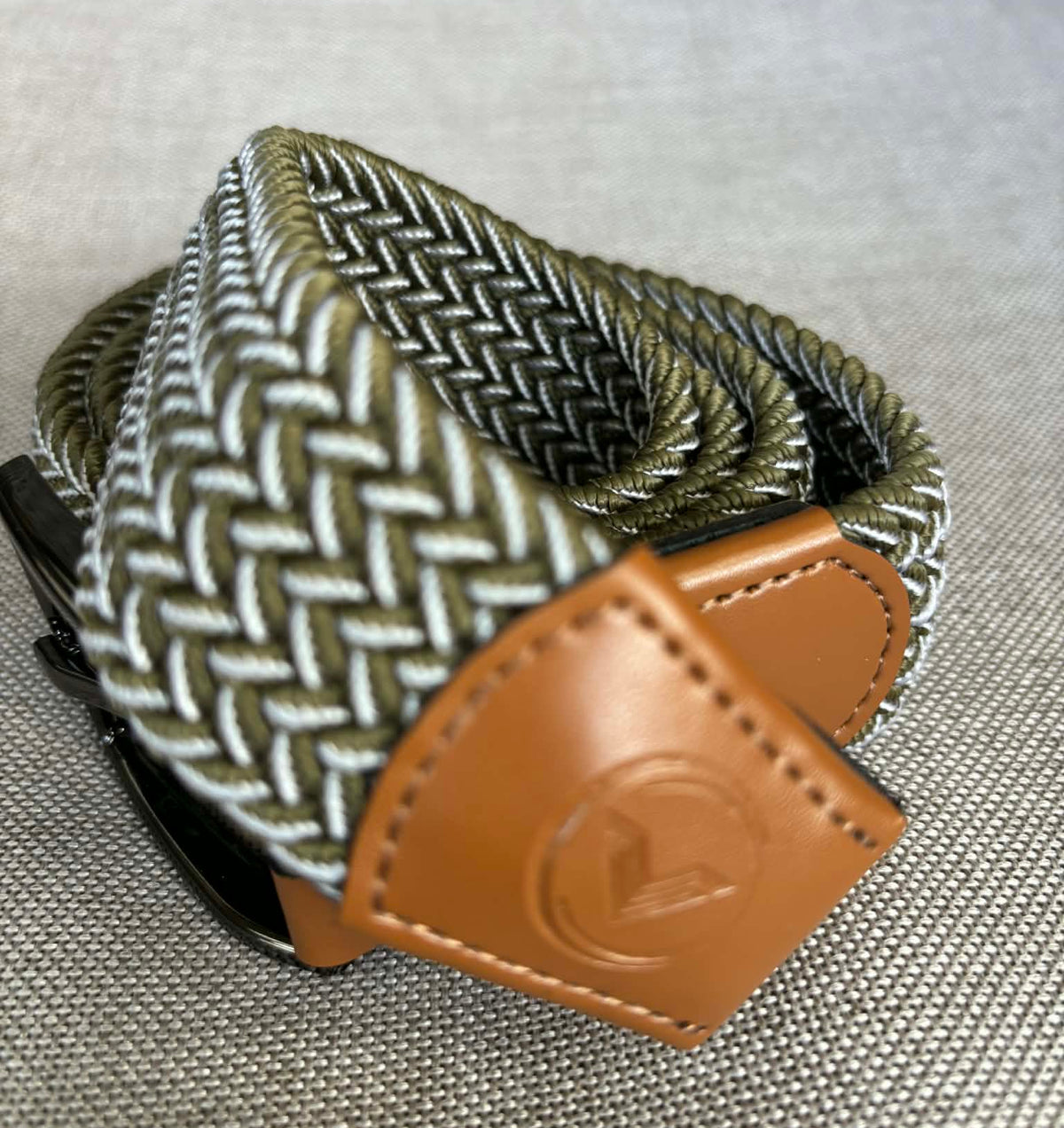 VES Golf Olive Green and White Woven Stretch Belt with Brushed Nickel Buckle