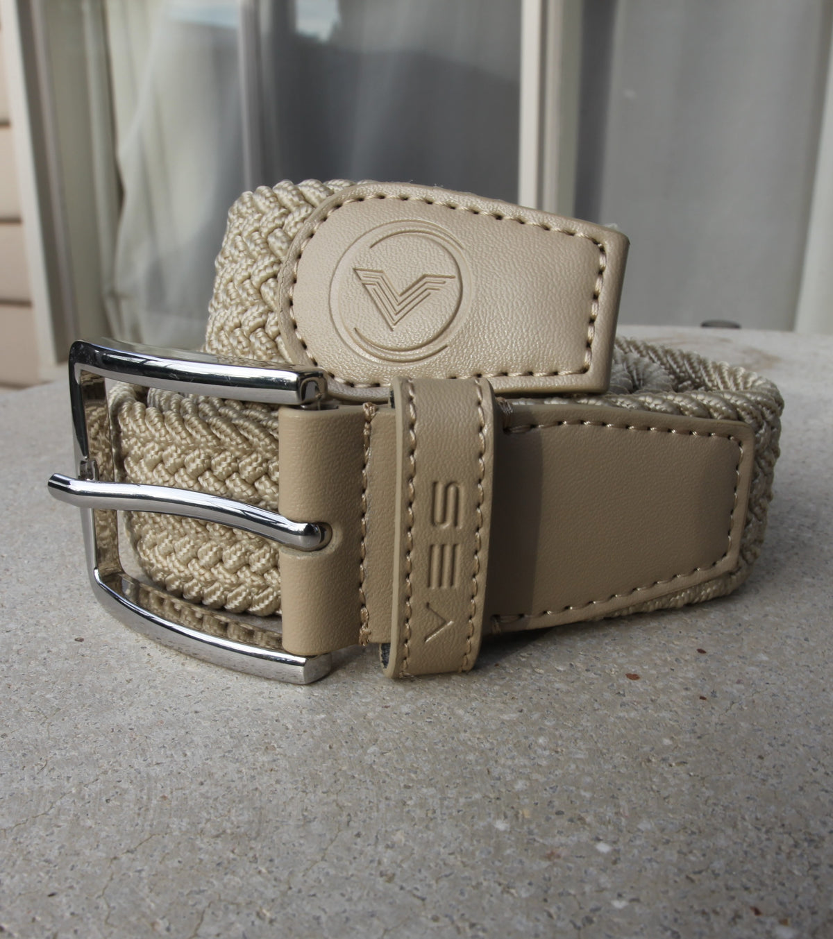 VES Golf Beige Woven Stretch Belt with Brushed Nickel Buckle