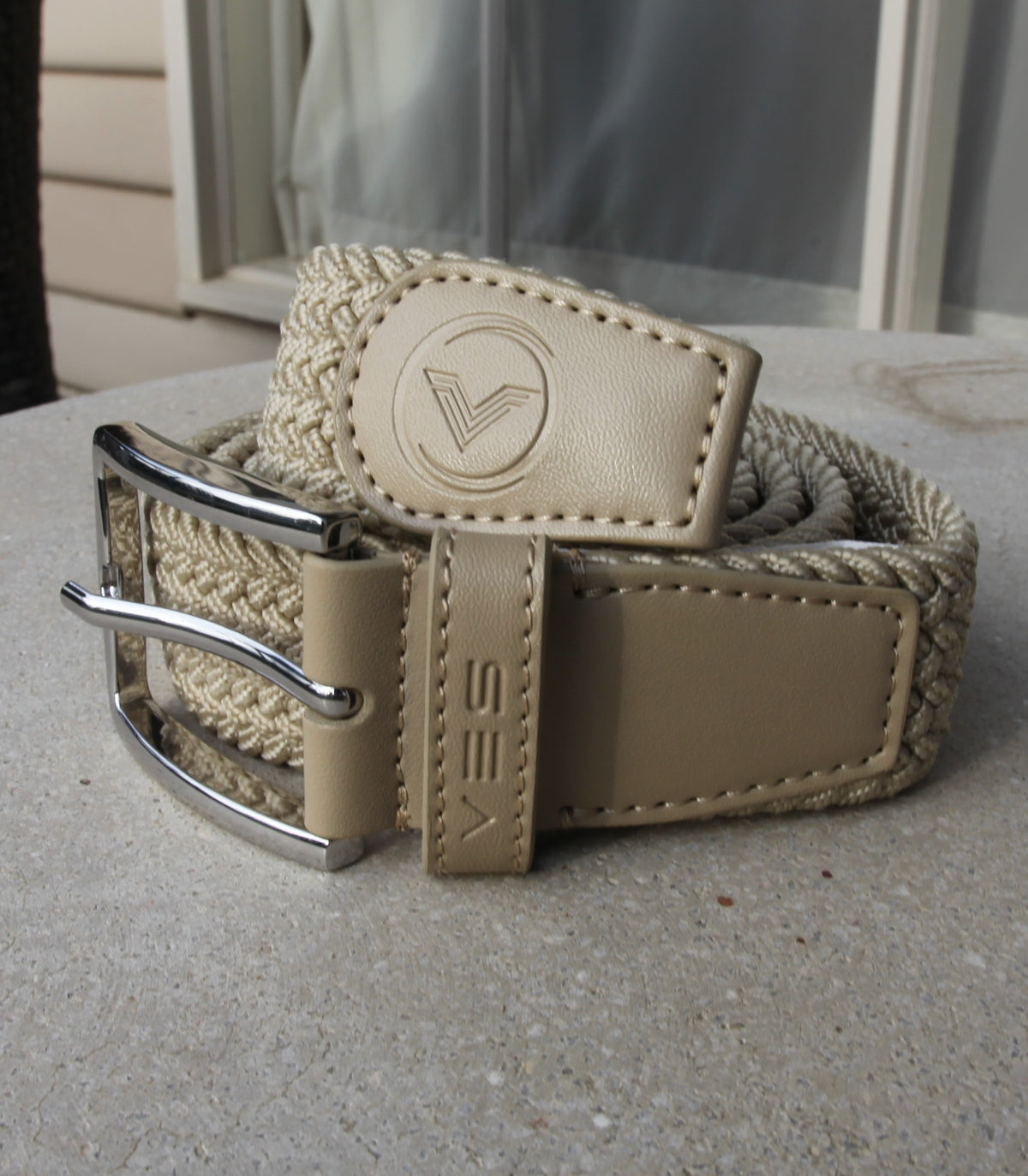 VES Golf Beige Woven Stretch Belt with Brushed Nickel Buckle