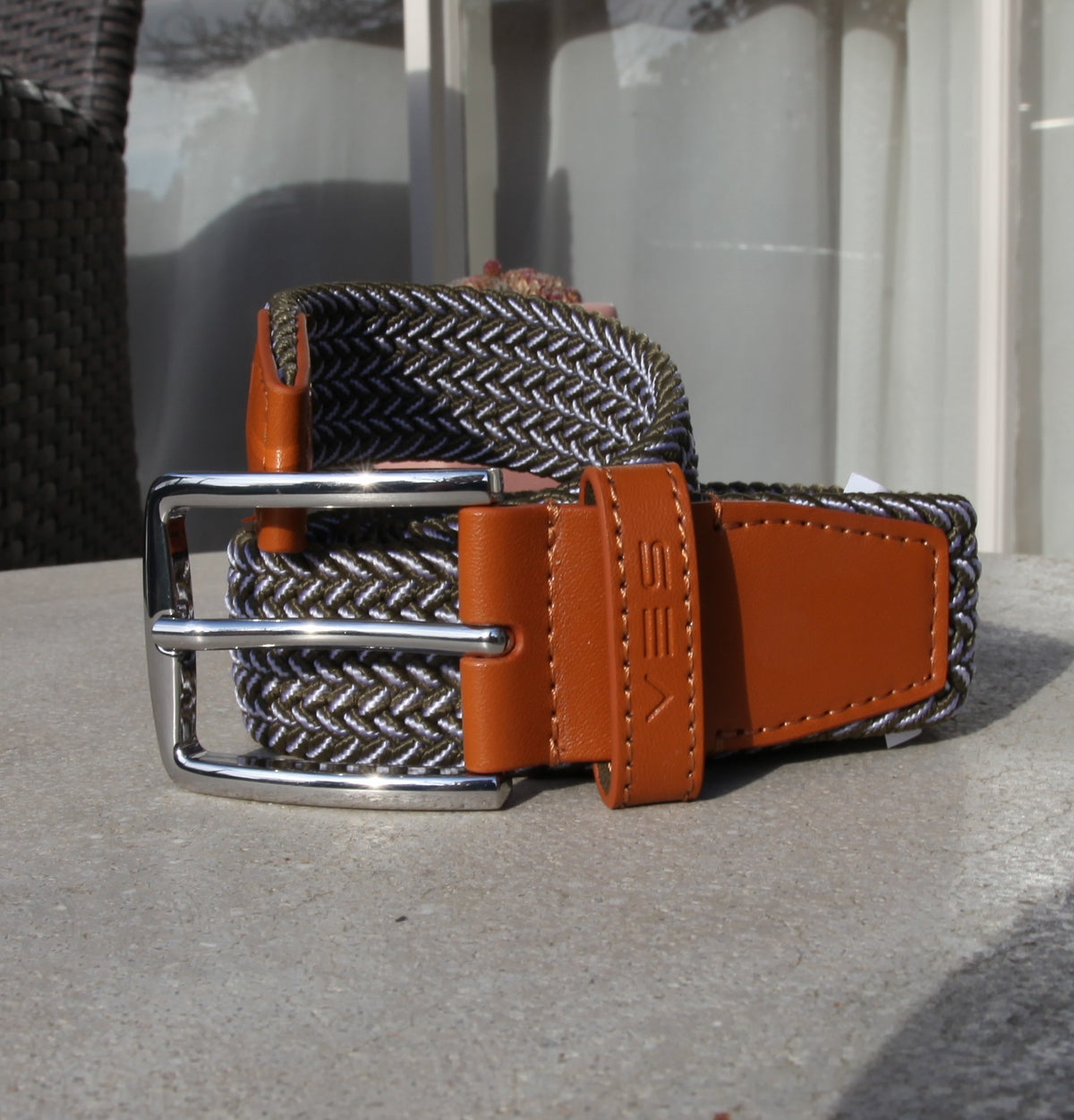 VES Golf Olive Green and White Woven Stretch Belt with Brushed Nickel Buckle
