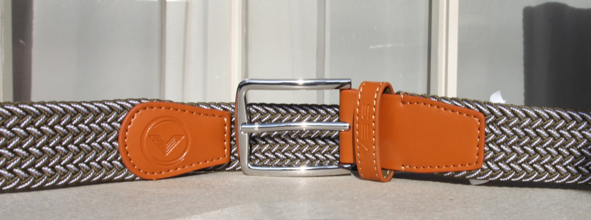 VES Golf Olive Green and White Woven Stretch Belt with Brushed Nickel Buckle