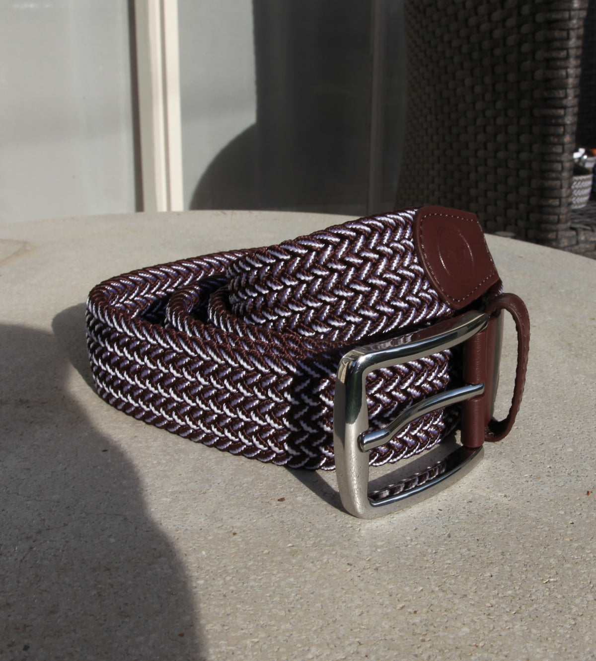 VES Golf Burgundy and White Woven Stretch Belt with Brushed Nickel Buckle