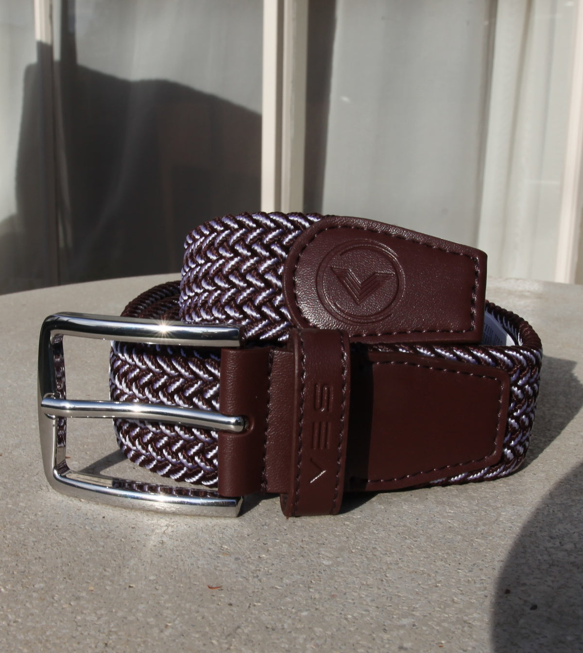 VES Golf Burgundy and White Woven Stretch Belt with Brushed Nickel Buckle