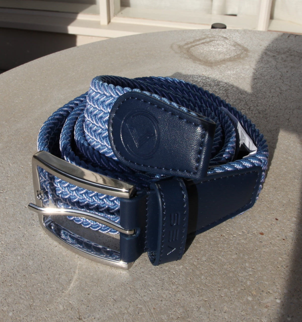 VES Golf Moonlight Blue and White Woven Stretch Belt with Brushed Nickel Buckle