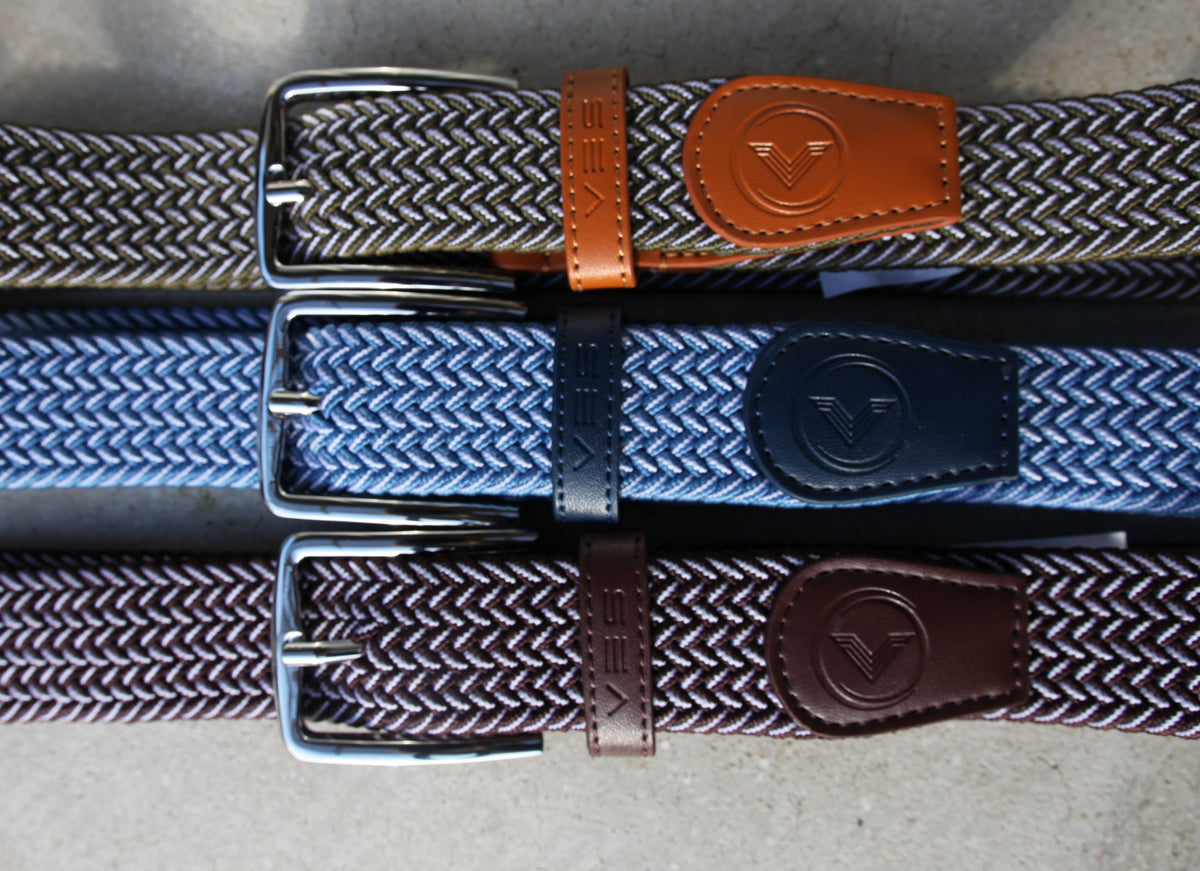 VES Golf Burgundy and White Woven Stretch Belt with Brushed Nickel Buckle