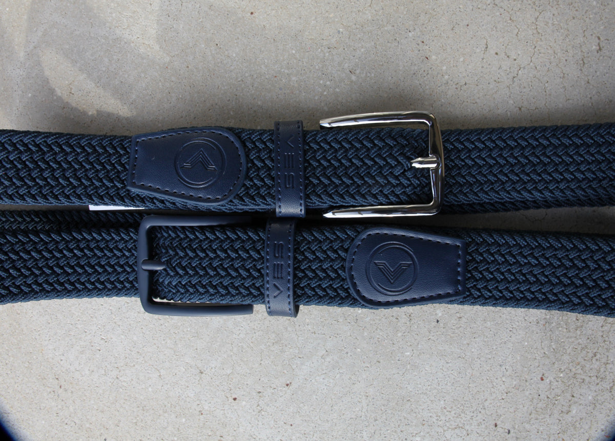 VES Golf Navy Blue Woven Stretch Belt with Brushed Nickel Buckle