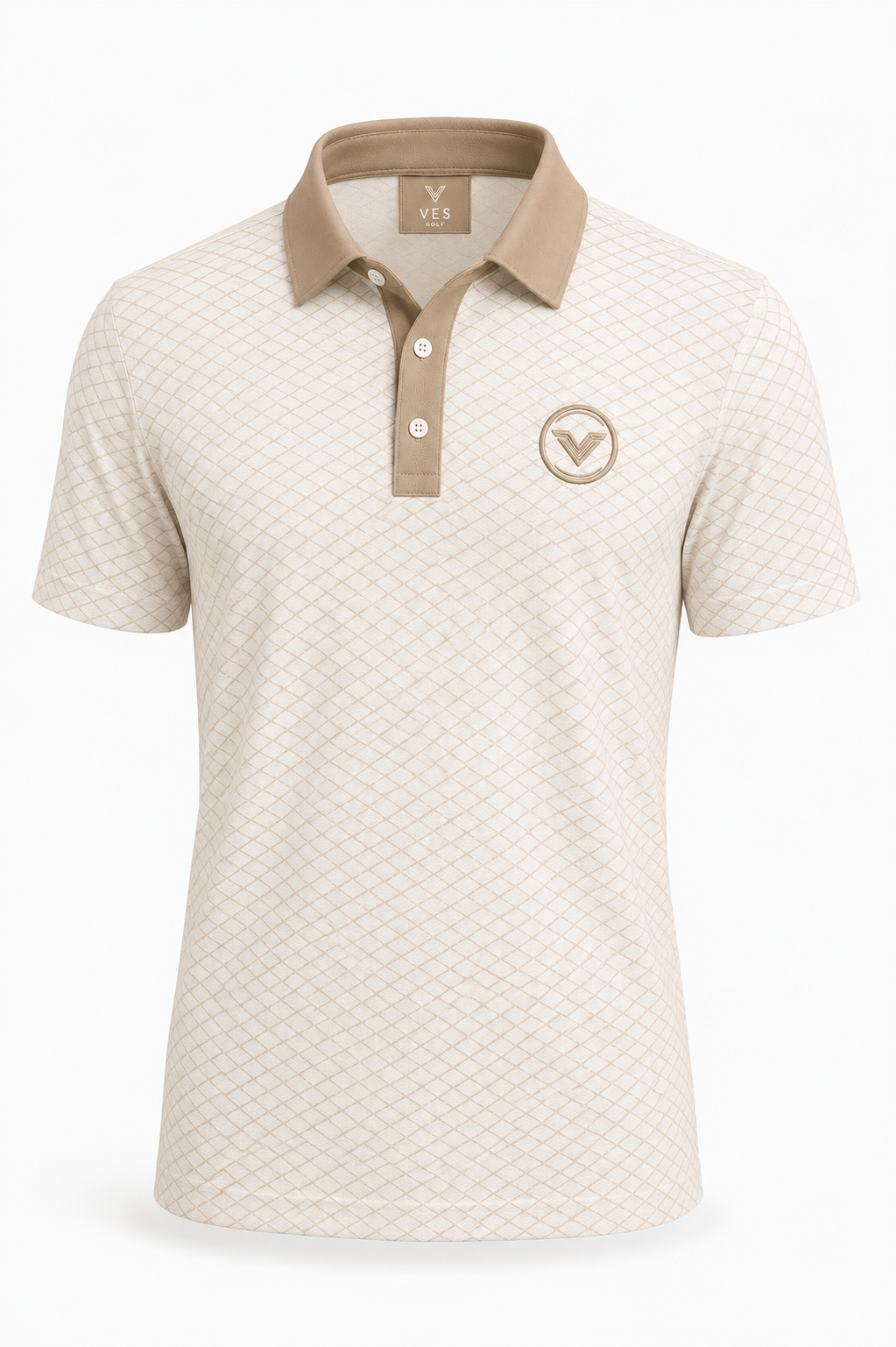VES Golf Off-White with Taupe Diamond Pattern Short Sleeve Polo Shirt